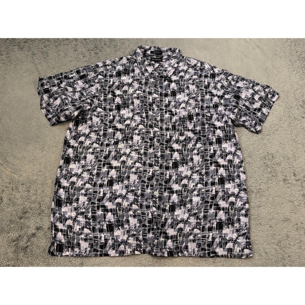 Marc Edwards Silk Shirt Mens XL Blue Geometric Short Sleeve Button Up Casual